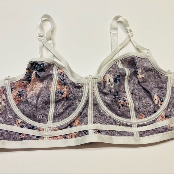 Torrid Mesh Floral Longline‎ Unlined Underwire Bralette Bra Size 2 2X White Gray - Picture 1 of 6